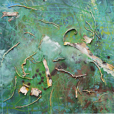 Forestal 2021, Betula VII, 2021, Holz und Baumrinde- Mischtechnik auf Leinwand, 70x70cm